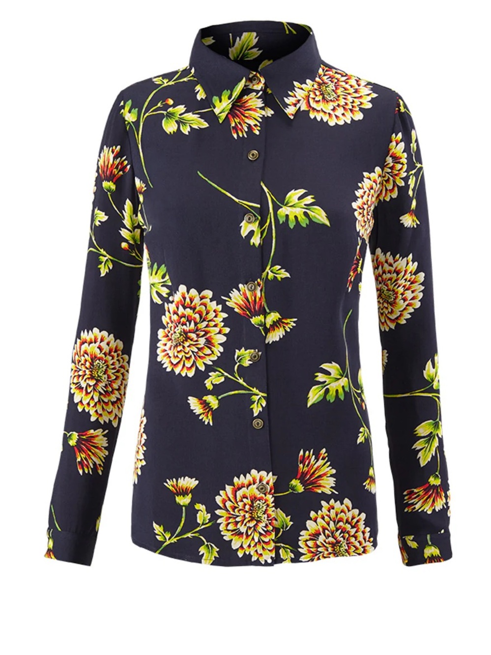 CAbi Daisy Blouse Navy Floral Button-Down Shirt with Yellow & Green Blooms